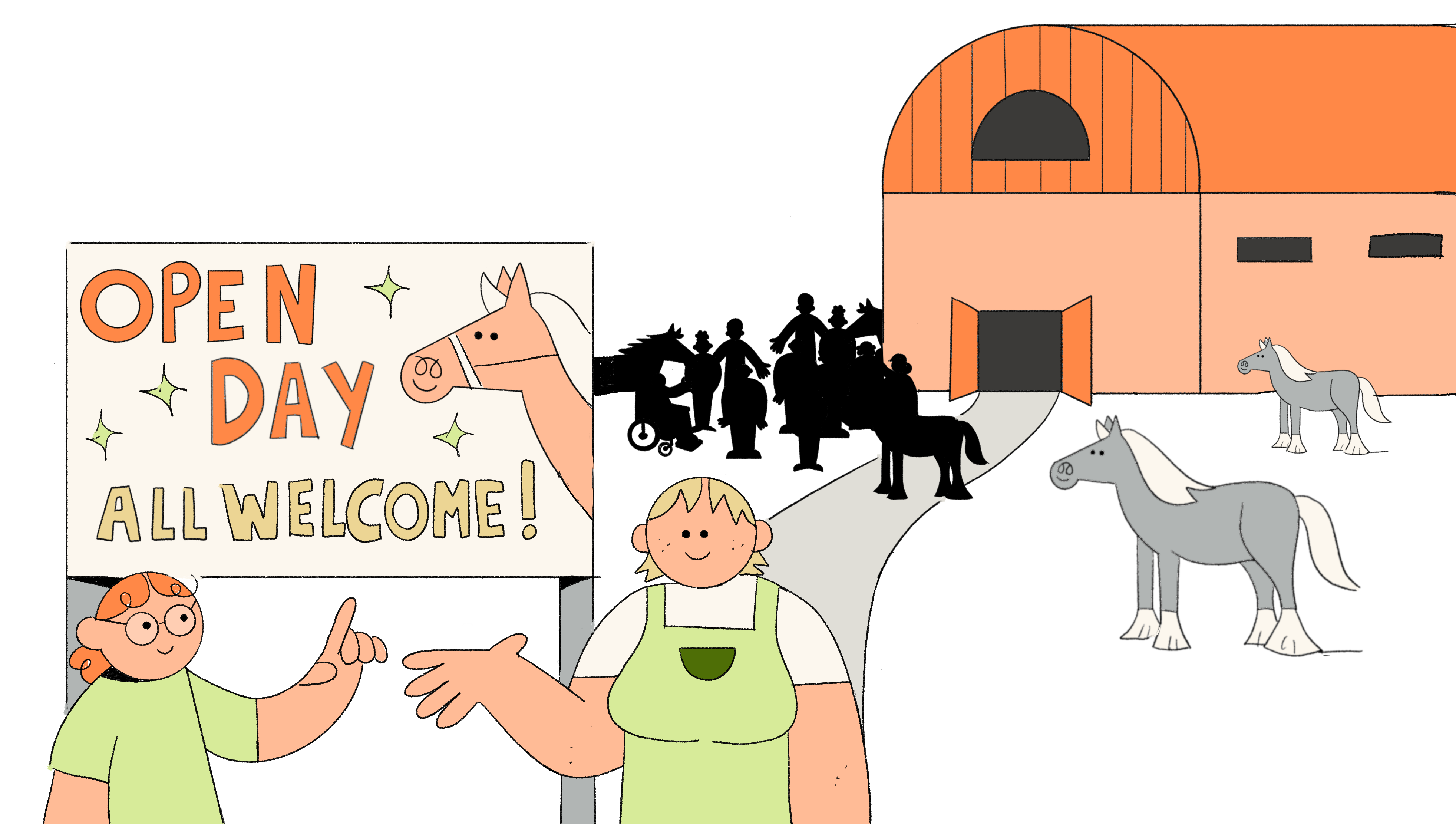 A sign reading 'Open day, All welcome' in front of a barn with people and horses.